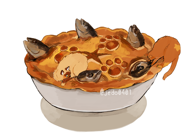 british_food cat english_food food food_focus hakuchizu no_humans on_food original pie simple_background stargazy_pie undersized_animal white_background