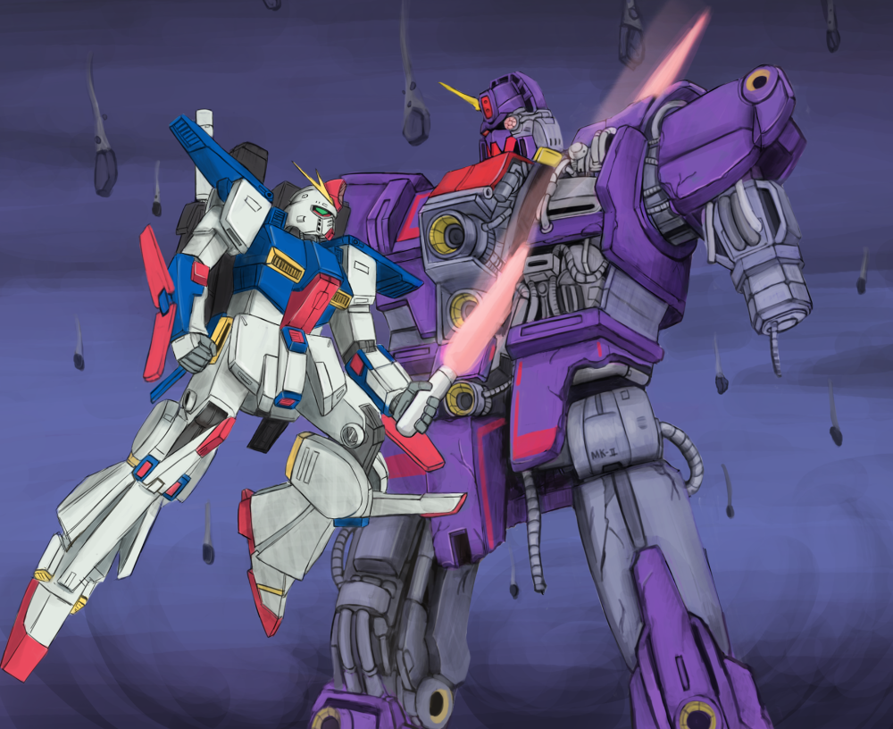 artist_request battle energy_sword damaged debris energy_sword gundam gundam_zz mecha no_humans psyco_gundam_mk_ii robot sword weapon zz_gundam