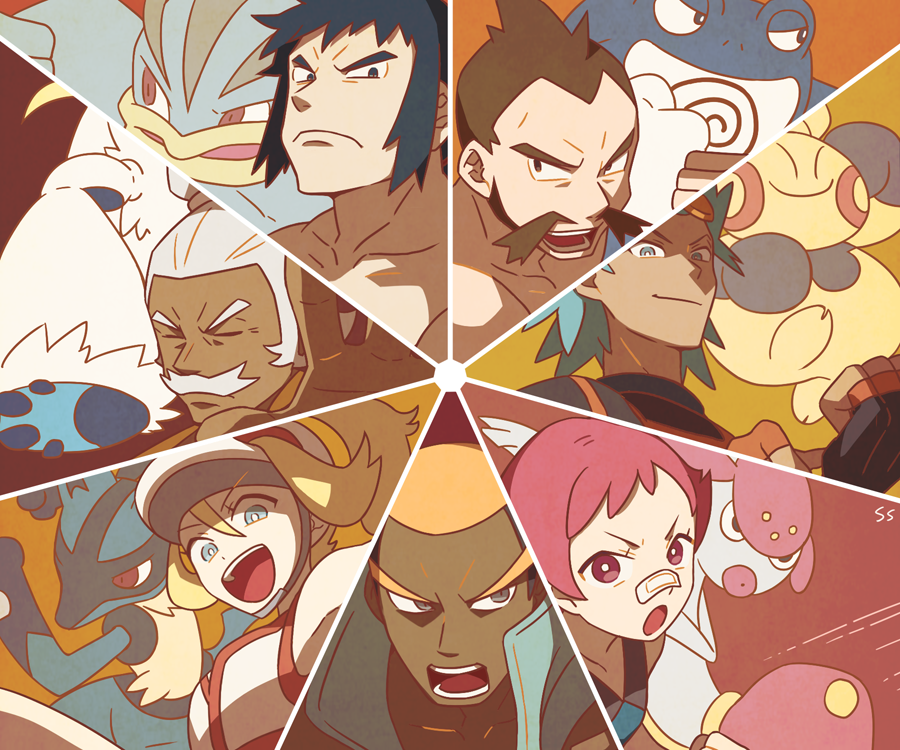 2girls 5boys bandaid bandaid_on_face bicycle_helmet black_hair blonde_hair blue_eyes blue_hair brawly_(pokemon) breasts bright_pupils brown_hair bruno_(pokemon) chuck_(pokemon) closed_eyes collarbone crabominable creature dark_skin elite_four facial_hair frown gen_1_pokemon gen_3_pokemon gen_4_pokemon gen_7_pokemon grey_eyes gym_leader hala_(pokemon) helmet island_kahuna korrina_(pokemon) light_blue_hair long_hair looking_at_viewer lucario machamp makuhita marshal_(pokemon) maylene_(pokemon) medicham multiple_boys multiple_girls mustache nintendo old old_man orange_background pink_hair pokemon pokemon_(creature) pokemon_bw pokemon_dppt pokemon_frlg pokemon_hgss pokemon_oras pokemon_sm pokemon_xy poliwrath ponytail purple_eyes red_background short_hair sidelocks signature small_breasts spiral ssalbulre white_hair