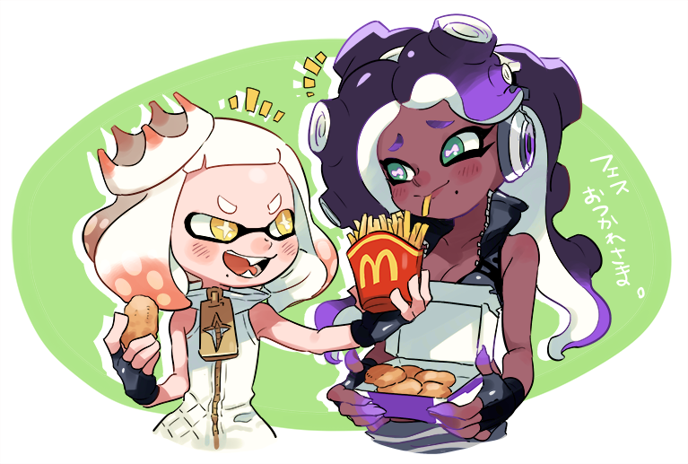2girls aqua_eyes bare_shoulders black_gloves black_hair black_shirt blunt_bangs breasts cephalopod_eyes chicken_nuggets cleavage collarbone colored_extremities commentary_request crop_top cross-shaped_pupils crown dark-skinned_female dark_skin dress eating fangs feeding fingerless_gloves fingernails food food_in_mouth french_fries furrowed_brow gloves gradient_hair grey_shorts hakinikui_kutsu_no_mise headphones holding holding_food horizontal_pupils inkling long_hair looking_at_another marina_(off_the_hook_outfit)_(splatoon) marina_(splatoon) mcdonald&#039;s medium_hair mole mole_under_mouth mouth_hold multicolored_hair multiple_girls nintendo octoling open_mouth parted_bangs pearl_(off_the_hook_outfit)_(splatoon) pearl_(splatoon) pink_hair pink_pupils purple_hair sharp_fingernails shirt short_bangs shorts sleeveless sleeveless_dress smile splatoon_(series) splatoon_2 symbol-shaped_pupils tentacle_hair tilted_headwear two-tone_hair white_crown white_dress white_hair yellow_eyes zipper zipper_pull_tab
