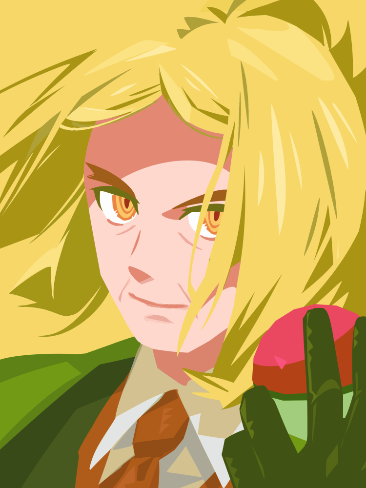 1boy blonde_hair closed_mouth gloves hassel_(pokemon) holding holding_poke_ball logi_bunbukucha male_focus necktie nintendo orange_eyes poke_ball poke_ball_(basic) pokemon pokemon_sv simple_background solo yellow_background