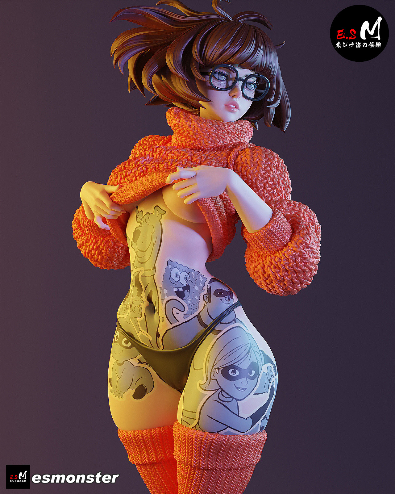 1girl black_panties breasts brown_hair character_tattoo clothes_lift cowboy_shot e.s._monster elastigirl figure glasses grey_background highres jack-jack_parr mr._incredible orange_sweater panties photo_(medium) rectangular_eyewear scooby-doo scooby-doo_(character) short_hair simple_background solo spongebob_squarepants spongebob_squarepants_(series) sweater sweater_lift tattoo the_incredibles underboob underwear velma_dinkley