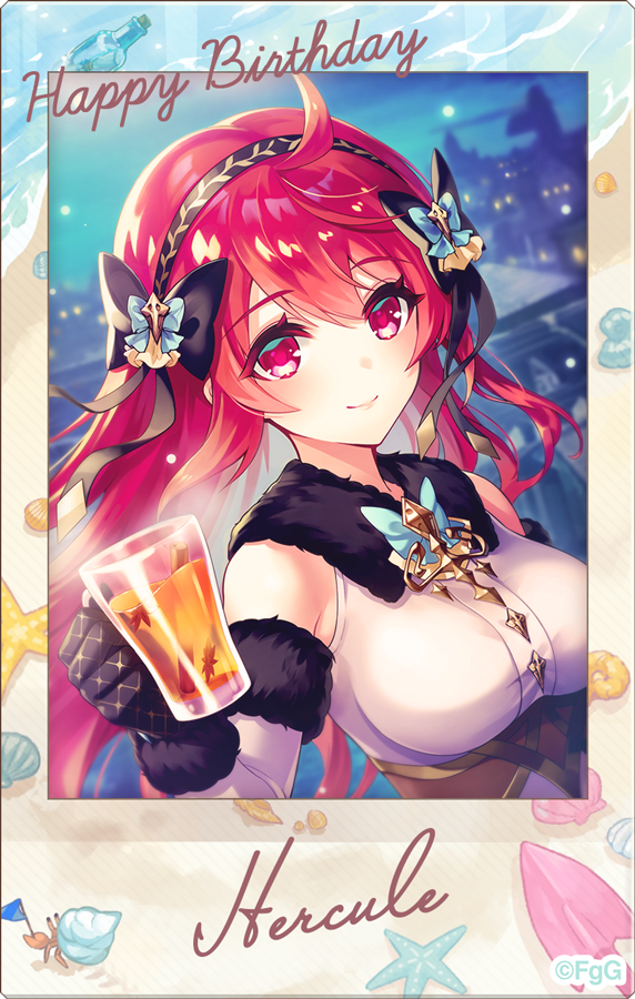 1girl ahoge black_bow black_gloves black_hairband bow bow_hairband character_name closed_mouth commentary_request copyright_notice cup double-parted_bangs drinking_glass g-row gloves hair_between_eyes hairband happy_birthday hercule_(phantom_of_the_kill) holding holding_cup long_hair looking_at_viewer night night_sky official_alternate_costume official_art outdoors phantom_of_the_kill polaroid_photo red_eyes red_hair second-party_source sky smile solo