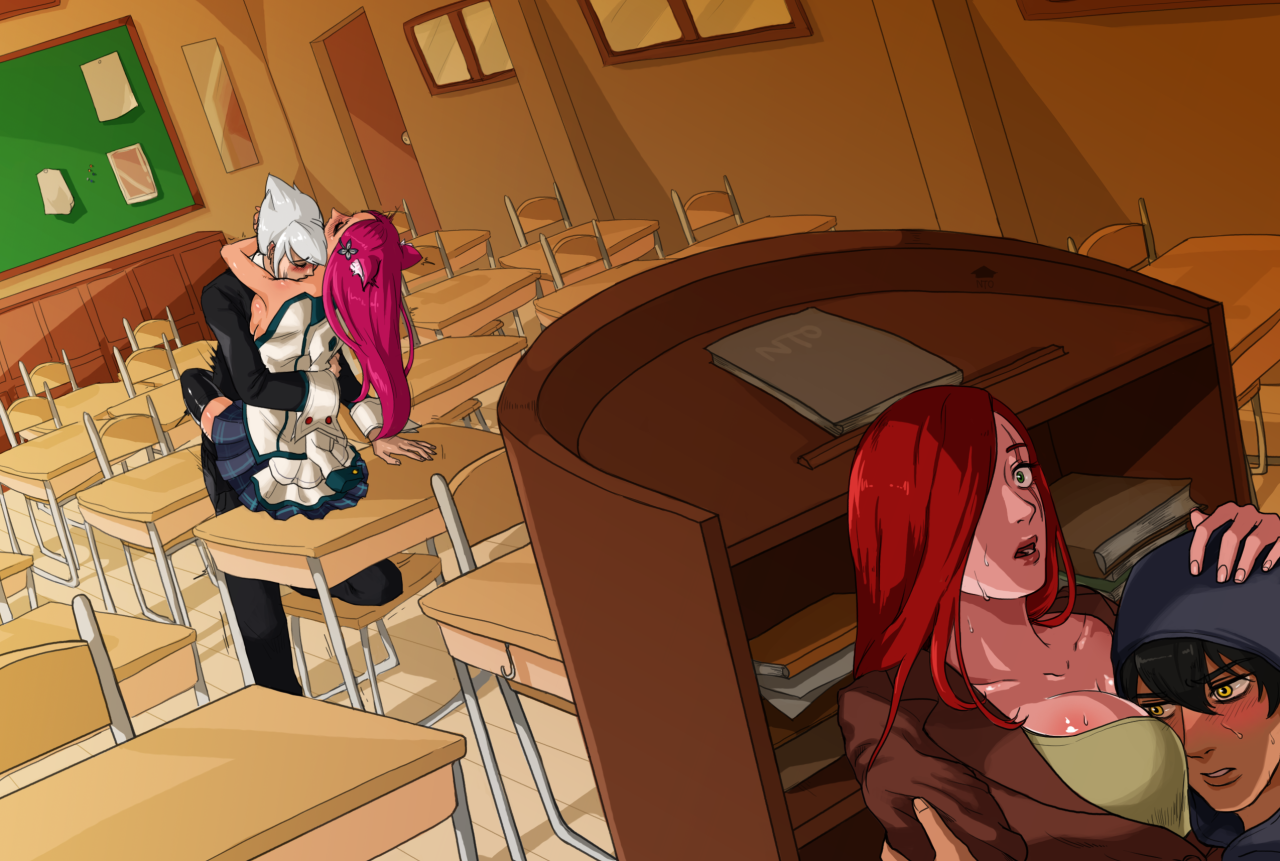 2boys 2girls academy_ahri ahri_(league_of_legends) animal_ears blush breast_press breast_smother breasts classroom cleavage clothed_sex closed_eyes fox_ears fox_girl hetero hiding hug indoors katarina_(league_of_legends) kiss league_of_legends multiple_boys multiple_girls kissing_neck on_table school school_uniform sex skirt spread_legs straddling suspended_congress sweat sweatdrop table talon_(league_of_legends) unbuttoned undressing vladimir_(league_of_legends)