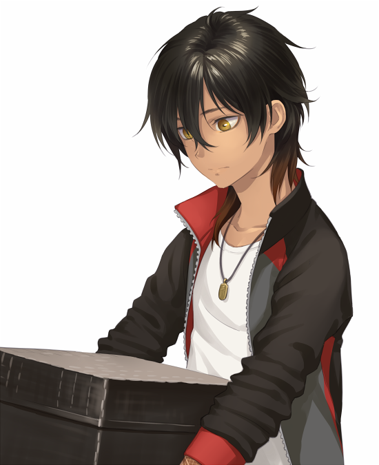 1boy aged_down black_hair black_jacket box brown_hair closed_mouth dark-skinned_male dark_skin holding holding_box jacket jewelry leuco male_focus multicolored_hair necklace ookurikara open_clothes open_jacket shirt simple_background solo touken_ranbu upper_body white_background white_shirt yellow_eyes