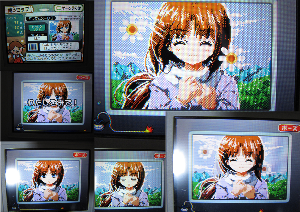 1girl after_war_gundam_x blue_eyes brown_hair multiple_expressions flower game_console gundam photo_(medium) pixel_art ponytail screen screencap studiokougubako tiffa_adill translation_request warioware wii