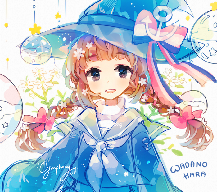1girl anchor_hat_ornament artist_name black_eyes blunt_bangs bow braid brown_hair character_name commentary cymphonia daisy_(flower) dress english_commentary flower funamusea hair_bow hat hat_bow hat_ornament long_hair oounabara_to_wadanohara pink_bow sailor_collar sailor_dress smile snow_globe solo sparkling_eyes twin_braids upper_body wadanohara white_background witch witch_hat