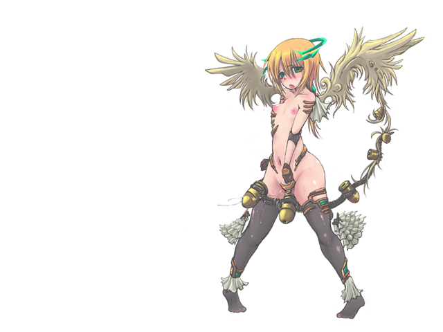 1girl ammunition_belt angel angel_wings bare_shoulders black_thighhighs blush breasts feathered_wings game_cg green_eyes green_halo hair_between_eyes halo large_variant_set medium_hair mon-musu_quest! mon-musu_quest:_paradox navel no_shoes open_mouth orange_hair pussy_juice sandalphon_(mon-musu_quest!) small_breasts standing thighhighs tongue variant_set wings xelvy