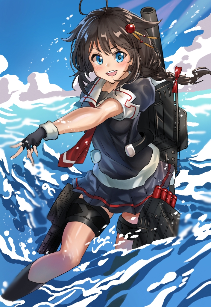 1girl ahoge black_hair black_serafuku black_shirt black_skirt black_socks blue_eyes blue_sky braid cannon cloud day fingerless_gloves gloves hair_flaps hair_over_shoulder kantai_collection long_hair machinery neckerchief outdoors pleated_skirt red_neckerchief sailor_collar sailor_shirt sakana_u_u school_uniform serafuku shigure_(kancolle) shigure_kai_ni_(kancolle) shirt single_braid skirt sky socks solo thigh_strap torpedo_launcher water white_sailor_collar