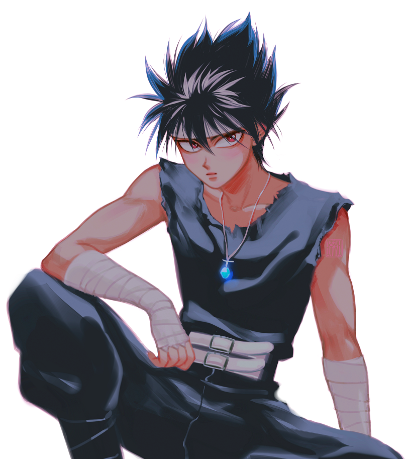 1boy arm_on_knee bandaged_arm bandages belt black_hair black_pants black_shirt classic-tea closed_mouth collarbone expressionless feet_out_of_frame glowing headband hiei jewelry knee_up looking_at_viewer male_focus necklace pants pendant red_eyes shirt simple_background sitting sleeveless sleeveless_shirt solo spiked_hair watermark white_background white_belt yuu_yuu_hakusho