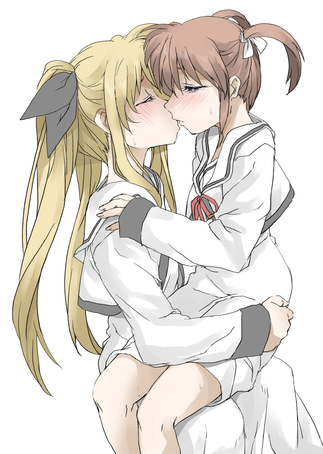 2girls black_ribbon blonde_hair blush brown_hair closed_eyes couple elf_(stroll_in_the_woods) fate_testarossa hair_ribbon highres kiss looking_at_another lyrical_nanoha mahou_shoujo_lyrical_nanoha mahou_shoujo_lyrical_nanoha_a&#039;s multiple_girls neck_ribbon purple_eyes red_ribbon ribbon school_uniform seishou_elementary_school_uniform short_twintails simple_background sitting sitting_on_lap sitting_on_person takamachi_nanoha twintails white_background white_ribbon yuri