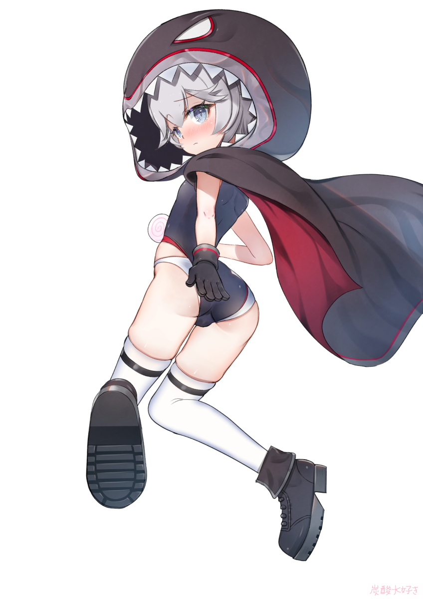 1girl animal_hood ass azur_lane black_boots black_gloves black_hood black_one-piece_swimsuit blue_eyes blush boots candy closed_mouth food full_body gloves highres holding holding_food hood lollipop looking_at_viewer looking_back one-piece_swimsuit shark_hood short_hair simple_background solo swimsuit swirl_lollipop tansan_daisuki thighhighs u-110_(azur_lane) white_background white_thighhighs