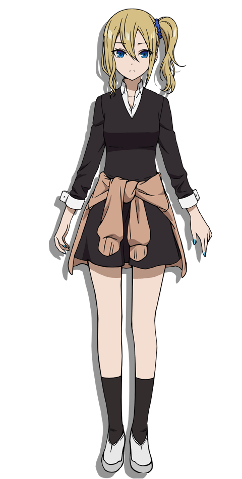 1girl anime_coloring black_socks blonde_hair blue_eyes blue_nails blue_scrunchie breasts brown_cardigan cardigan cardigan_around_waist closed_mouth clothes_around_waist collarbone collared_shirt full_body hair_between_eyes hair_ornament hair_scrunchie hayasaka_ai kaguya-sama_wa_kokurasetai_~tensai-tachi_no_renai_zunousen~ long_hair long_sleeves looking_at_viewer medium_breasts nail_polish official_art school_uniform scrunchie shirt shoes shuuchiin_academy_school_uniform side_ponytail sidelocks simple_background socks solo standing sweater sweater_around_waist transparent_background white_shirt white_shoes yahiro_yuuko