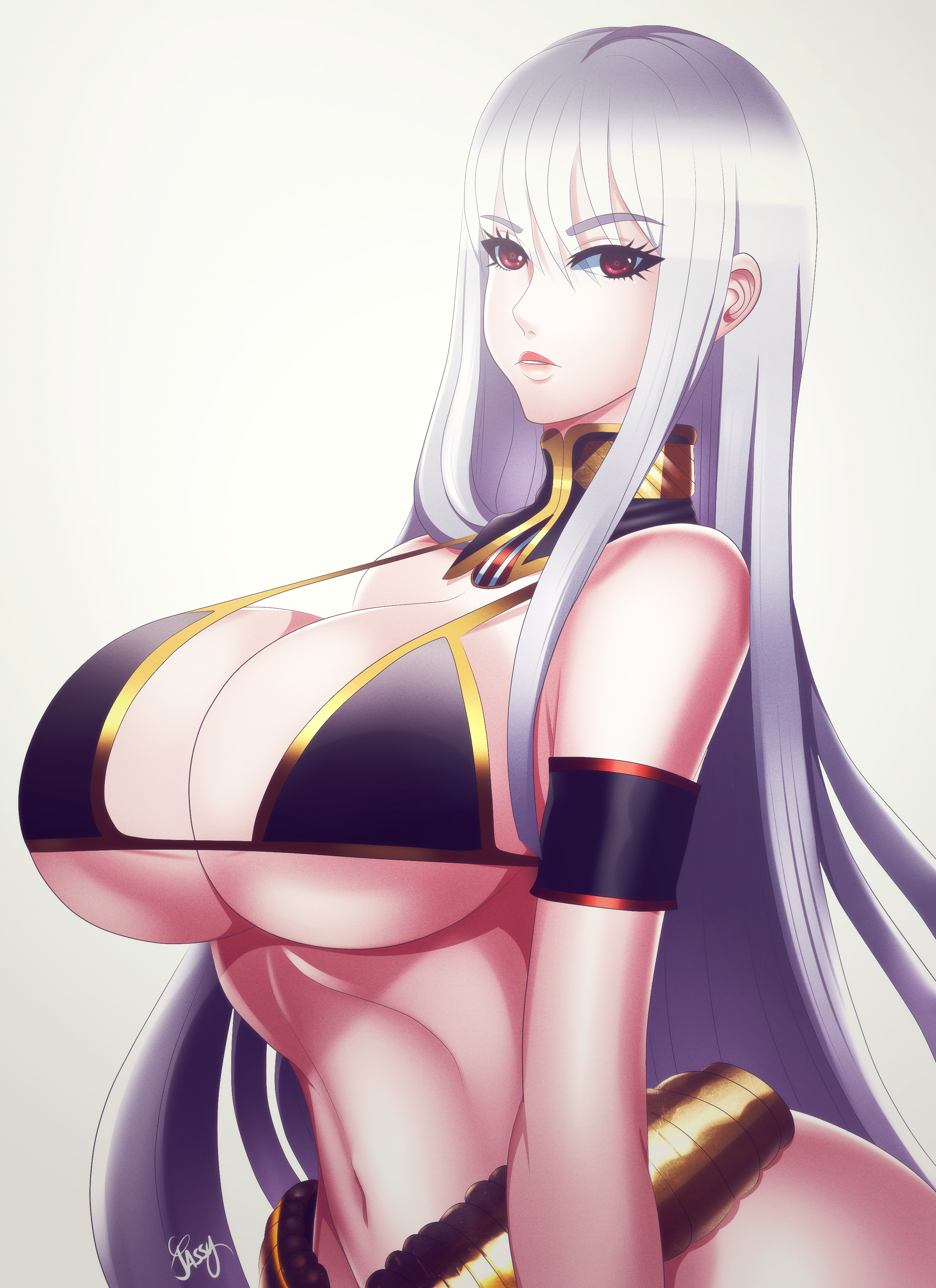 1girl absurdres bikini breasts cleavage female_focus highres huge_breasts jassycoco lips long_hair red_eyes selvaria_bles senjou_no_valkyria_(series) solo swimsuit underboob white_hair