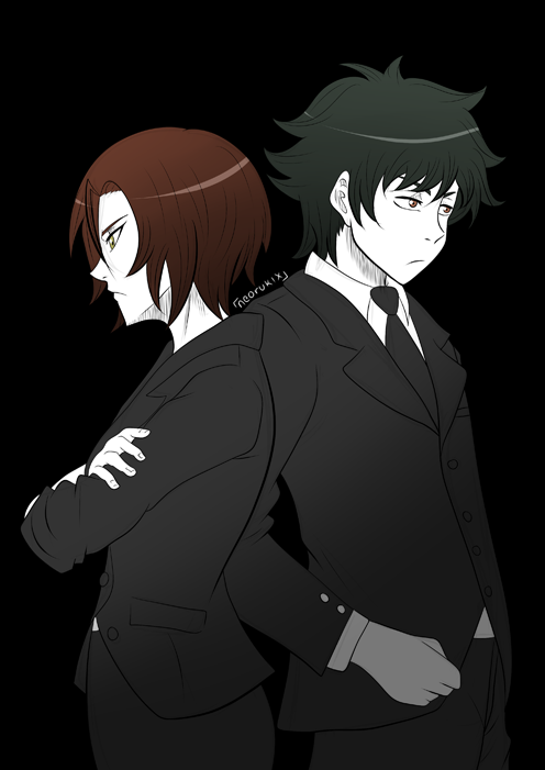 1boy 1girl back-to-back digimon formal_clothes himekawa_maki nishijima_daigo suit