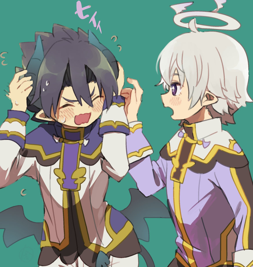 2boys angel angel_and_devil angel_wings bad_id bad_pixiv_id blue_hair blush demon_boy demon_tail demon_wings great_kichi halo horns low_wings luke_venus male_focus mini_wings multiple_boys open_mouth pointy_ears pop-up_story purple_eyes school_uniform silver_hair tail wings ziz_glover