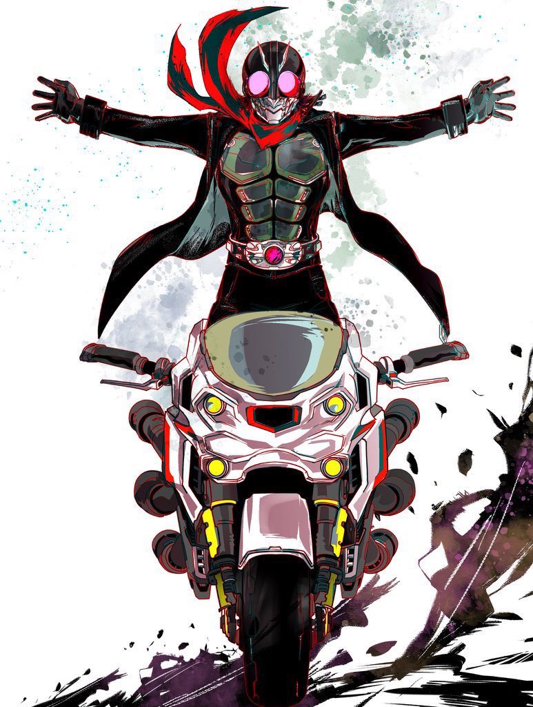 1boy antennae armor belt compound_eyes cyborg cyclone_(kamen_rider) gloves green_armor helmet kamen_rider kamen_rider_(1st_series) kamen_rider_1 kamen_rider_1_(shin) male_focus motor_vehicle motorcycle nishi24_(hiroki_nishi) on_motorcycle red_eyes red_scarf rider_belt scarf solo tokusatsu typhoon_(kamen_rider)