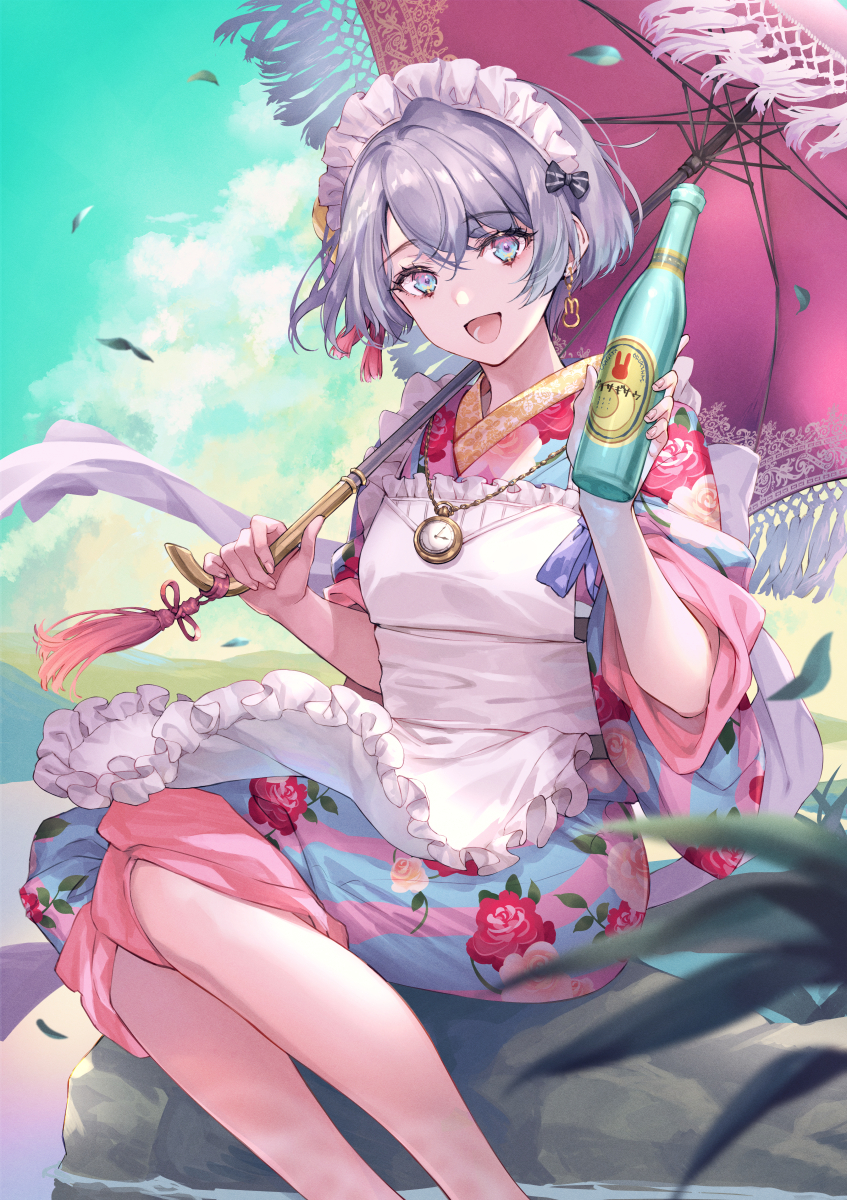 1girl :d apron black_bow bottle bow clock_necklace earrings frilled_apron frills grey_hair hair_bow highres holding holding_bottle holding_umbrella japanese_clothes jewelry kimono maid_headdress multicolored_eyes multicolored_kimono open_mouth original parasol rabbit_earrings shinobiya_fsaka short_hair sidelocks sitting smile solo striped_bow taishou umbrella white_apron