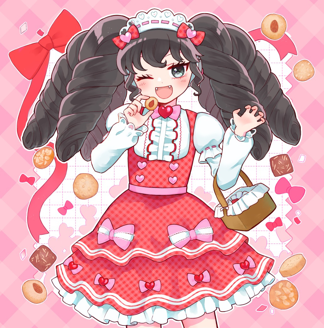 1girl ;d basket black_eyes black_hair bow cowboy_shot dress fangs food gaaruru_(pripara) hair_bow holding holding_basket holding_food jinno_(jin_c_kkry) long_hair long_sleeves looking_at_viewer maid_headdress multiple_hair_bows one_eye_closed open_mouth pretty_series pripara puffy_sleeves smile solo standing twintails