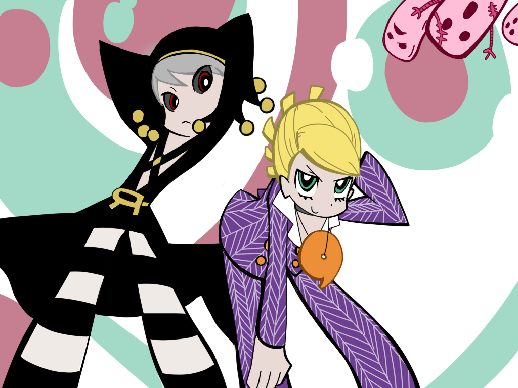2boys black_sclera blonde_hair blue_eyes colored_sclera formal_clothes jewelry jojo_no_kimyou_na_bouken male_focus metallica_(stand) multiple_boys necklace pants panty_&amp;_stocking_with_garterbelt parody prosciutto red_eyes risotto_nero stand_(jojo) striped_clothes striped_pants style_parody suit ukihashi