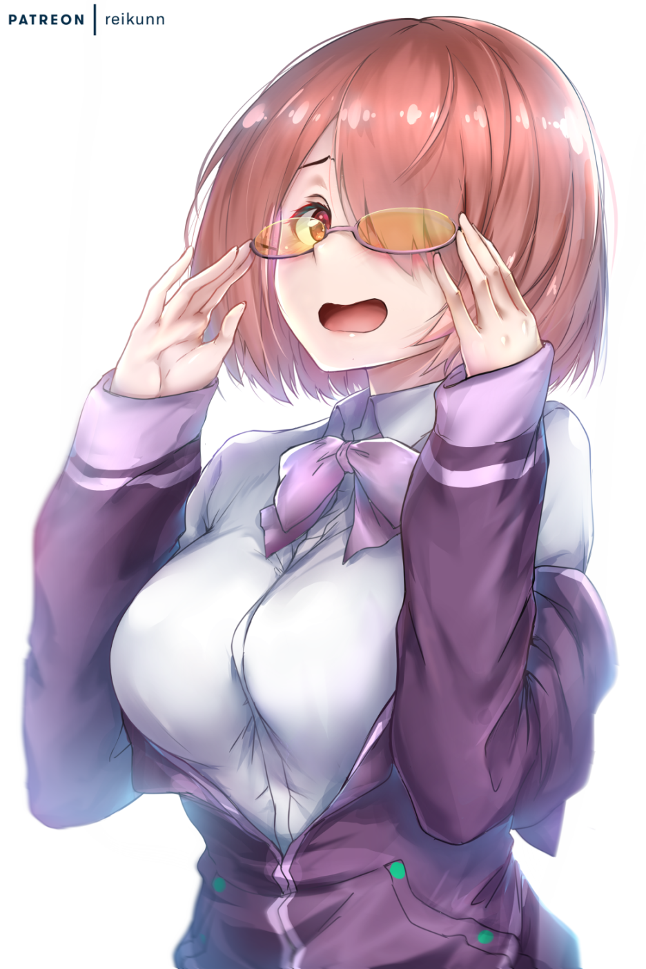 1girl :o adjusting_eyewear bow bowtie breasts brown_hair cosplay glasses gridman_universe hair_over_one_eye highres hoshino_miyako_(wataten) jacket large_breasts long_sleeves looking_at_viewer patreon_username purple_bow purple_bowtie purple_jacket rei_kun shinjou_akane shinjou_akane_(cosplay) shirt simple_background ssss.gridman standing ueda_reina upper_body voice_actor_connection watashi_ni_tenshi_ga_maiorita! white_background white_shirt