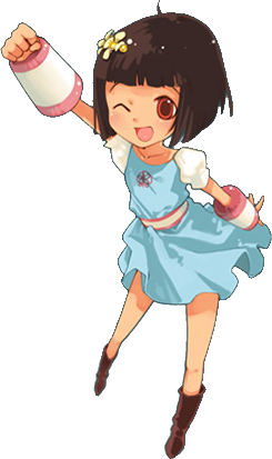 1girl :d ahoge blue_dress blue_skirt blunt_bangs bob_cut brown_hair chibi dress female_focus game guild_wars_(series) guild_wars_1 gwen_(guild_wars) lowres one_eye_closed open_mouth red_eyes short_hair skirt smile solo transparent_background wink