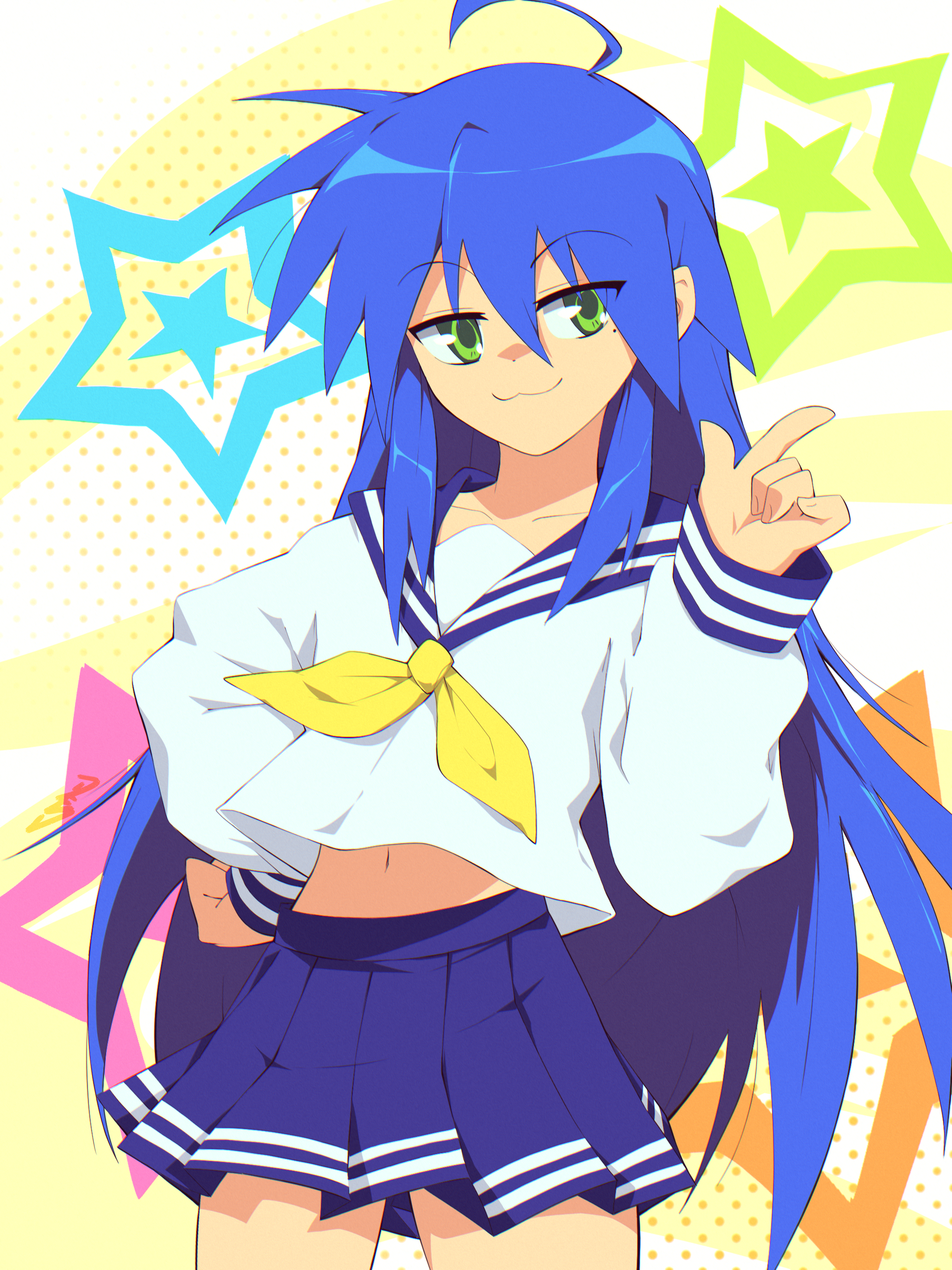 1girl :3 absurdres ahoge blue_hair blue_sailor_collar commentary english_commentary goodboideogie green_eyes highres izumi_konata long_hair lucky_star mole mole_under_eye neckerchief sailor_collar school_uniform serafuku solo yellow_neckerchief