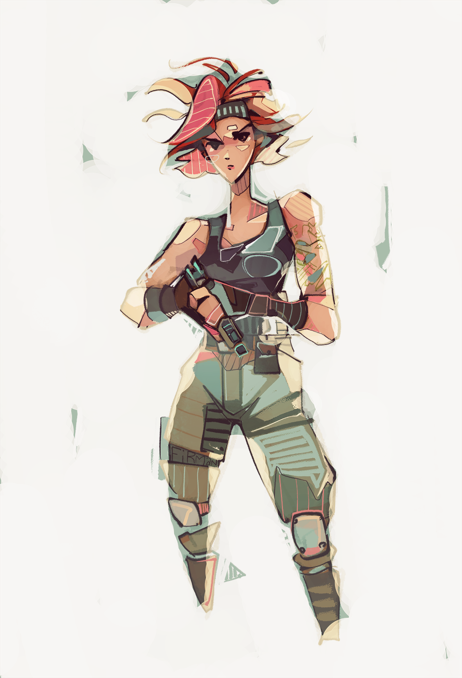 1girl arm_tattoo black_eyes collarbone gloves gun handgun headband highres holding holding_gun holding_weapon knee_pads looking_at_viewer meryl_silverburgh metal_gear_(series) metal_gear_solid michaelfirman red_hair short_hair simple_background solo tank_top tattoo weapon