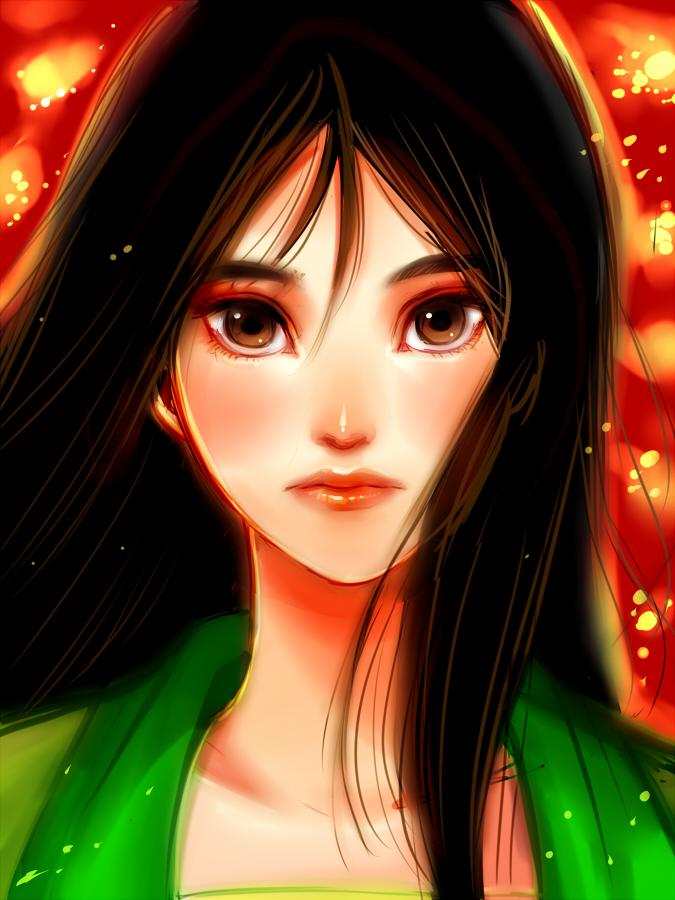 1girl black_hair blush brown_eyes chinese_clothes collarbone dress expressionless fa_mulan_(disney) hair_between_eyes hanfu lips long_hair looking_at_viewer makeup mulan_(movie) nyamunekonabe orange_lips pale_skin portrait red_background simple_background solo straight-on straight_hair tagme thick_eyebrows