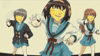 3girls animated animated_gif asahina_mikuru crossover everyone gun gundou_musashi hare_hare_yukai koizumi_itsuki kyon lowres meme multiple_girls nagato_yuki neta parody suzumiya_haruhi suzumiya_haruhi_no_yuuutsu third-party_edit weapon