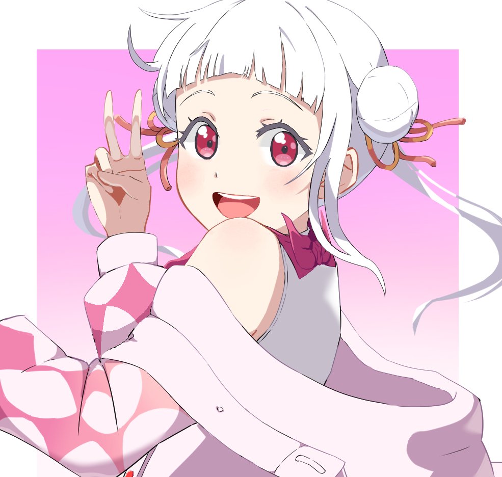 1girl :d arashi_chisato arched_bangs argyle_clothes argyle_sleeves bare_shoulders border coat commentary double_bun dress gradient_background hair_bun hajimari_wa_kimi_no_sora hashtag-only_commentary long_hair love_live! love_live!_superstar!! neckerchief off_shoulder official_alternate_costume open_mouth outside_border pink_background pink_neckerchief pink_sleeves pizza_salad_(dogimo_) red_eyes simple_background sleeveless sleeveless_dress smile solo twintails v white_border white_coat white_dress white_hair