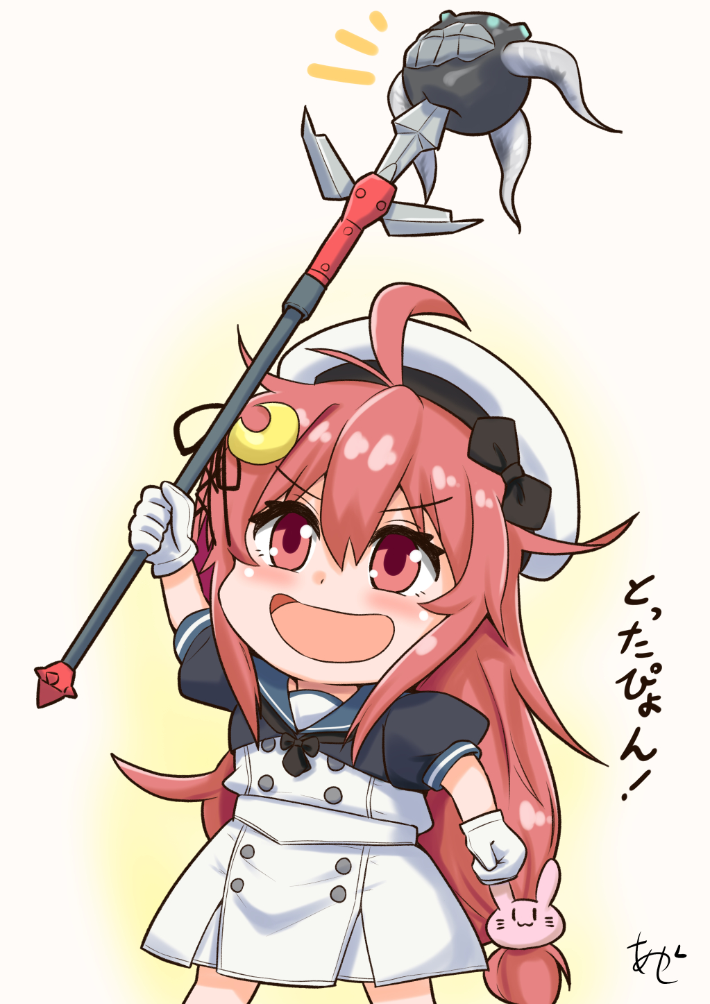 1girl abyssal_ship akashieru black_jacket black_neckerchief blue_sailor_collar cosplay crescent crescent_hair_ornament dress enemy_naval_mine_(kancolle) gloves hair_ornament hat highres jacket javelin_(kancolle) javelin_(kancolle)_(cosplay) kantai_collection long_hair low-tied_long_hair name_connection neckerchief object_namesake one-hour_drawing_challenge polearm rabbit_hair_ornament red_eyes red_hair sailor_collar sailor_dress sailor_hat short_sleeves smile solo spear teeth tentacles uzuki_(kancolle) very_long_hair weapon white_dress white_gloves white_hat