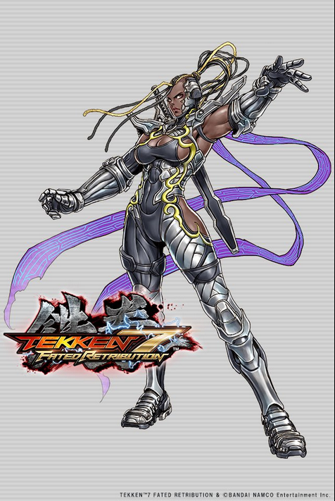 1girl bodysuit breasts cleavage clenched_hand copyright_name dark-skinned_female dark_skin dreadlocks female_focus full_body high_ponytail hip_vent long_hair master_raven medium_breasts namco ninja official_art ponytail scarf sideboob solo tekken tekken_7 toned very_dark_skin yamashita_shun&#039;ya