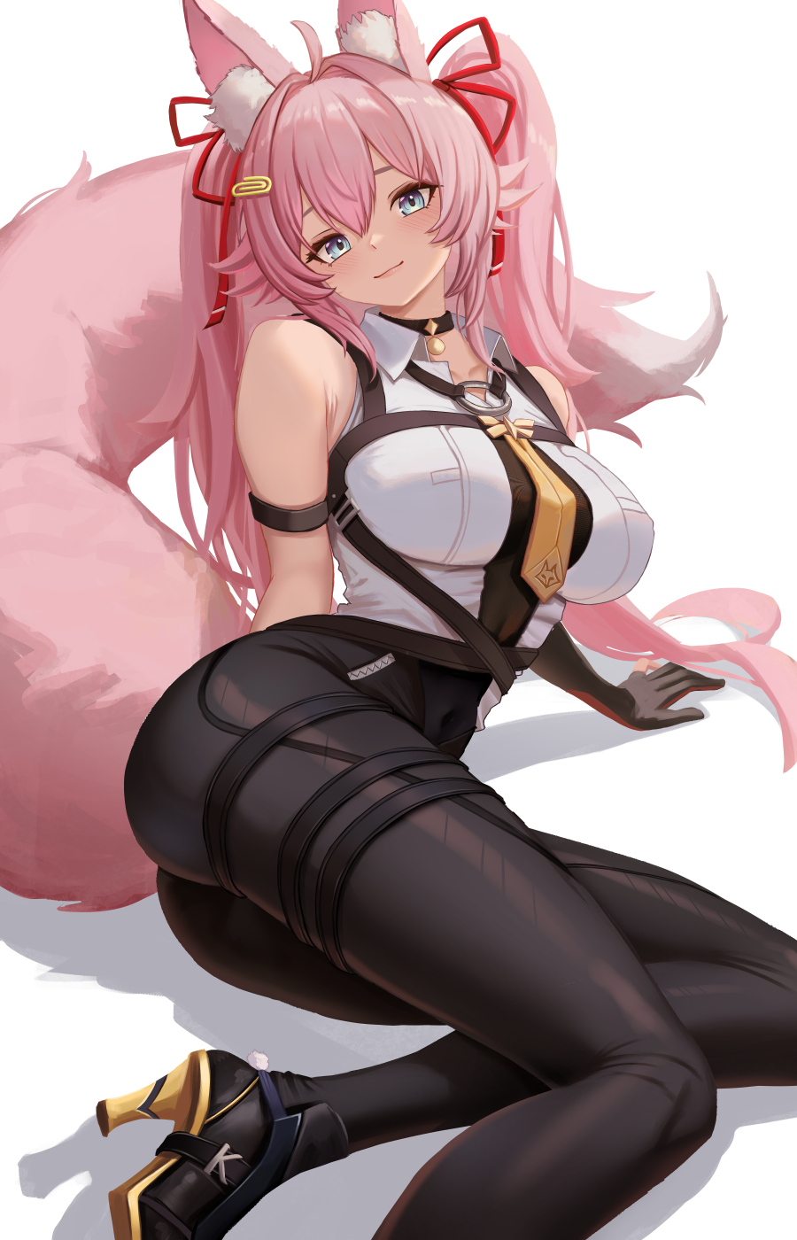 1girl ahoge animal_ear_fluff animal_ears arm_strap arm_support ass bare_shoulders black_choker black_gloves black_pants blue_eyes breasts choker collarbone collared_shirt commentary commission cosplay covered_navel english_commentary evelyn_chevalier evelyn_chevalier_(cosplay) fox_ears fox_girl gloves hair_between_eyes hair_intakes hair_ribbon high-waist_pants high_heels highres kwando large_breasts light_smile long_hair looking_at_viewer lying necktie on_side pants pink_hair red_ribbon ribbon shirt simple_background solo tight_clothes tight_pants white_background white_shirt wing_collar yan_kodiac yellow_necktie zenless_zone_zero