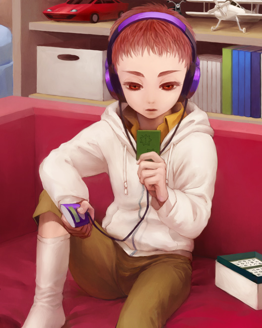 1boy aged_down bookshelf brown_eyes brown_hair brown_shorts chihayafuru digital_media_player headphones hood hood_down hooded_jacket hoodie indoors iroha_karuta jacket karuta_(card_game) lazy_rabbit mashima_taichi shorts socks solo toy_car white_hoodie white_socks