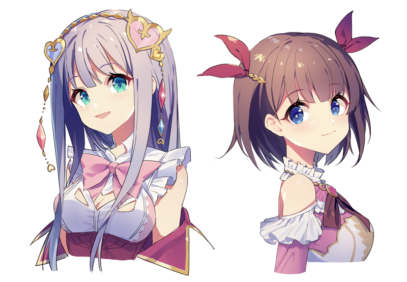 2girls atelier_(series) atelier_lulua blue_eyes bow bowtie bright_pupils brooch brown_hair elmerulia_frixell eva_armster grey_hair hair_ornament hair_ribbon hairband hairclip heart heart_hair_ornament jewelry long_hair multiple_girls pink_bow red_ribbon ribbon sharlorc short_hair simple_background smile symbol-shaped_pupils upper_body white_background