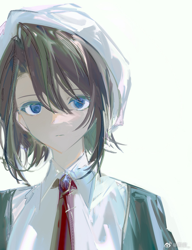 1girl artist_name beret blue_brooch blue_eyes brown_hair closed_mouth expressionless hair_between_eyes hat looking_at_viewer maid maouasuka necktie red_necktie shannon_(umineko) sidelocks simple_background solo umineko_no_naku_koro_ni watermark weibo_watermark white_background