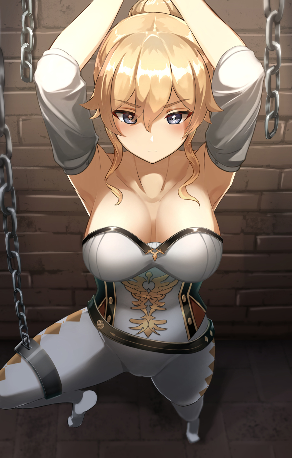1girl arms_up blonde_hair blue_eyes breasts brick_wall chain chained chained_wrists closed_mouth detached_sleeves dungeon female_focus genshin_impact hair_between_eyes highres jean_(genshin_impact) large_breasts long_hair looking_at_viewer pants ponytail restrained solo standing tosaka_(tosaka0001) white_pants