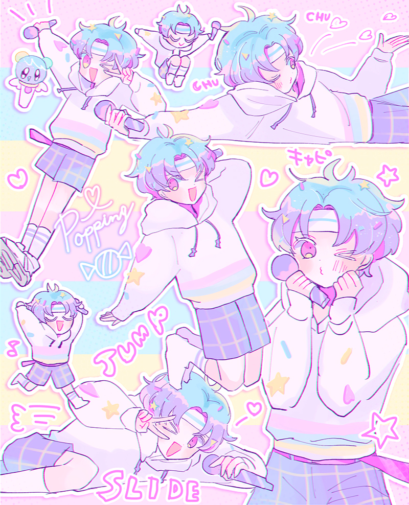 1boy blue_hair blush chibi closed_eyes commentary cookie_run cookie_run:_ovenbreak english_text humanization looking_at_viewer male_focus mamimumemo multicolored_hair multiple_persona personification popping_candy_cookie purple_hair shorts solo translation_request two-tone_hair