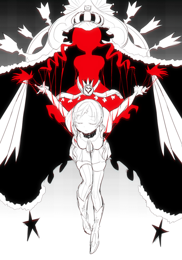 2girls bound cape closed_eyes commentary_request crown drill_hair full_body greyscale hanging holy_mami ken_(koala) long_sleeves magia_record:_mahou_shoujo_madoka_magica_gaiden magical_girl mahou_shoujo_madoka_magica monochrome multiple_girls official_alternate_costume silhouette spoilers spot_color star_(symbol) tomoe_mami twin_drills
