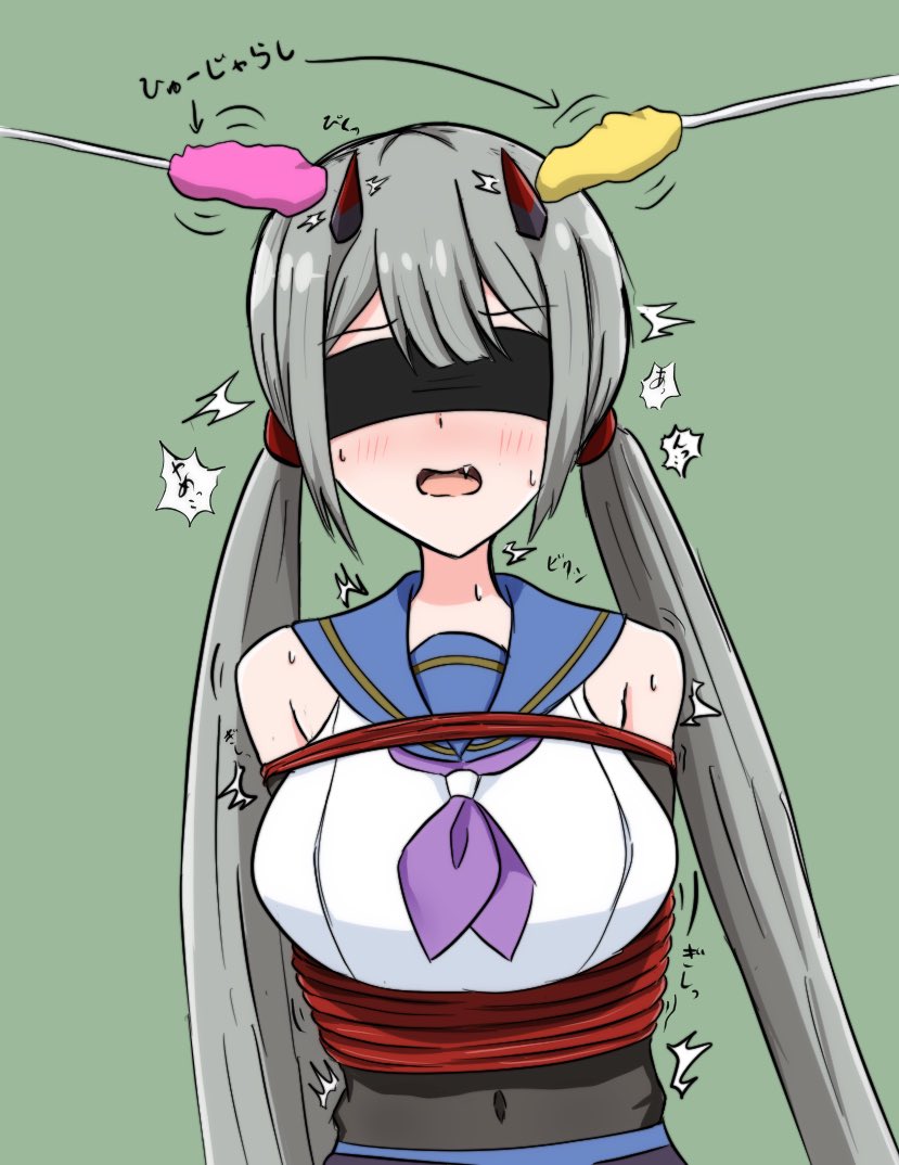 1girl ^^^ arms_behind_back arrow_(symbol) assault_lily bare_shoulders bdsm black_shirt blindfold blue_sailor_collar blue_skirt blunt_bangs blush bondage bound bound_arms bound_torso breasts cat_teaser commentary_request covered_eyes covered_navel crop_top facing_viewer fang fujita_asagao grey_hair horns long_hair low_twintails mechanical_horns medium_breasts motion_lines neckerchief nose_blush nukenin_(maato) odaiba_girls_high_school_uniform open_mouth purple_neckerchief red_horns sailor_collar school_uniform serafuku shirt skirt sleeveless sleeveless_shirt solo speech_bubble sweat translated twintails twitching uncommon_stimulation undershirt upper_body very_long_hair white_shirt