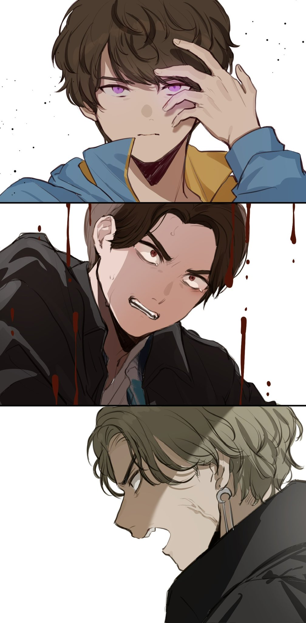 3boys adk-em angry bandai bandai_namco black_jacket blue_hoodie brown_eyes brown_hair chocolate earrings glowing glowing_eyes grey_hair hand_over_eye highres hood hoodie inoue_shouma ishimori_prod jacket jewelry kamen_rider kamen_rider_gavv_(series) karakida_hanto lakia_amarga male_focus multiple_boys ootori_(banana_r18) profile purple_eyes shouma_(kamen_rider_gavv) shouma_stomach sweat toei_company tokusatsu tv_asahi veins white_background