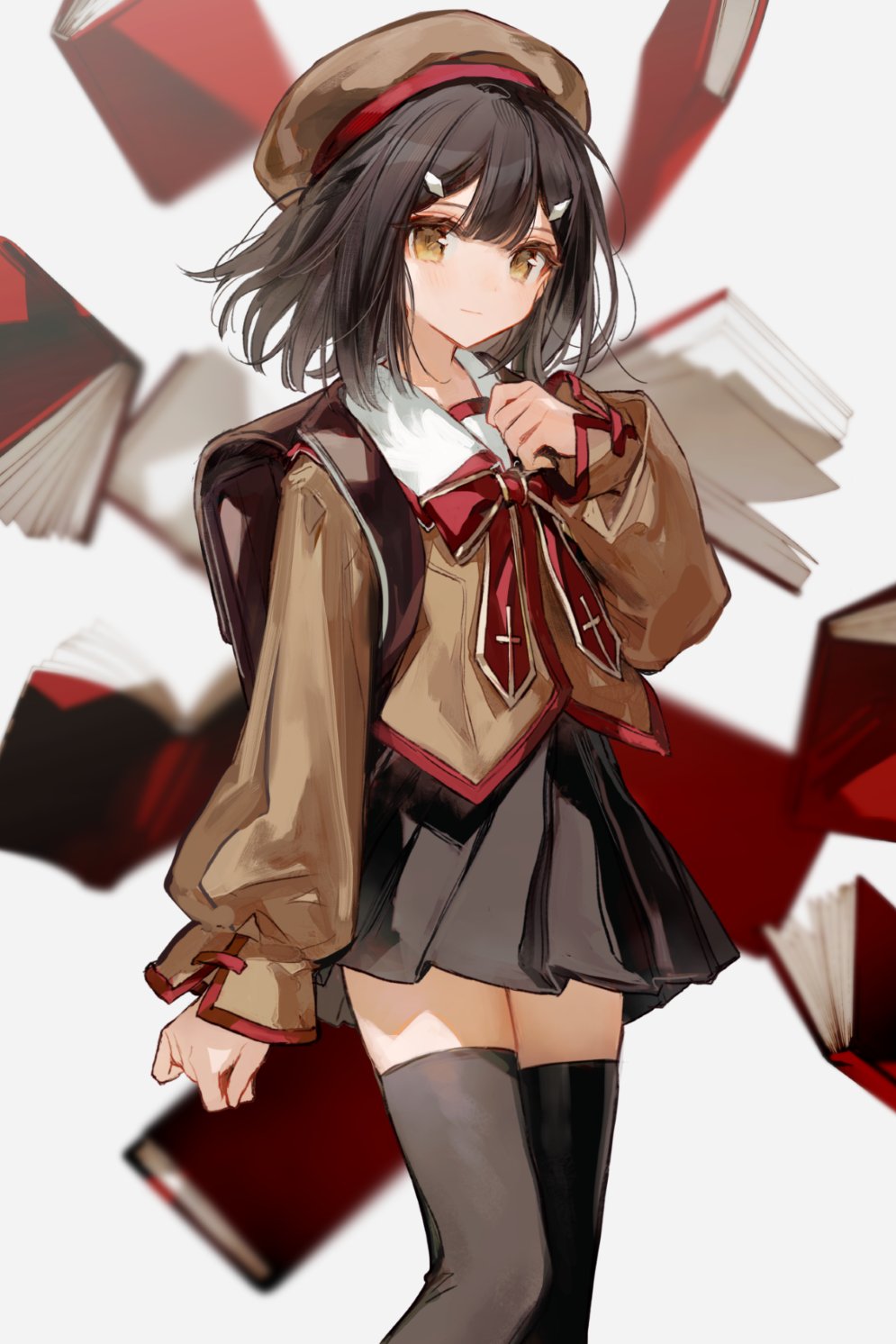 1girl black_hair black_skirt brown_eyes brown_vest chocoan cross cross_print fate/kaleid_liner_prisma_illya fate_(series) hair_between_eyes hair_ornament hairclip highres homurabara_academy_school_uniform looking_at_viewer medium_hair miyu_edelfelt pleated_skirt print_ribbon red_ribbon ribbon school_uniform skirt thighhighs vest
