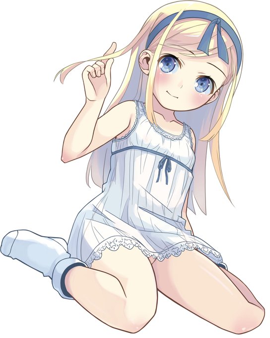 1girl bare_arms bare_legs blonde_hair blue_eyes blue_ribbon blush body_blush closed_mouth collarbone dress fingernails from_below hair_ornament hair_ribbon kneeling lace lace-trimmed_dress lace_trim long_hair looking_at_viewer no_panties pale_skin playing_with_own_hair pop_(electromagneticwave) ribbon see-through_clothes see-through_dress short_dress sidelocks smile socks solo swept_bangs white_dress white_socks