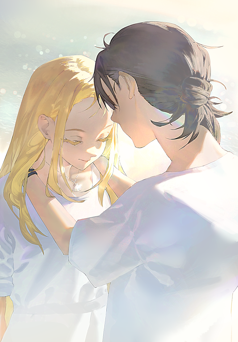 ajiro_shinpei black_hair blonde_hair closed_eyes closed_mouth colored_eyelashes facing_another facing_down glint grey_background hair_bun jewelry kofune_ushio light_particles long_hair mi8pq necklace ponytail putting_on_jewelry seashell shell shell_necklace shirt short_sleeves single_hair_bun smile summertime_render sunlight t-shirt upper_body white_shirt wristband