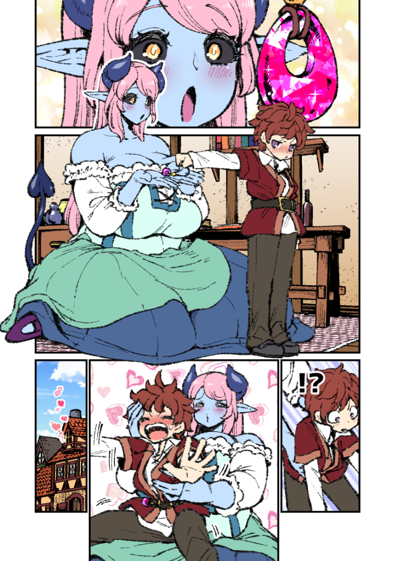 1girl bare_shoulders belt black_sclera blue_skin blush breasts brown_hair colored_sclera colored_skin comic demon_girl demon_horns demon_tail dress embarrassed horns house hug jewelry large_breasts long_hair necklace nenbuta original pants pointy_ears size_difference tail
