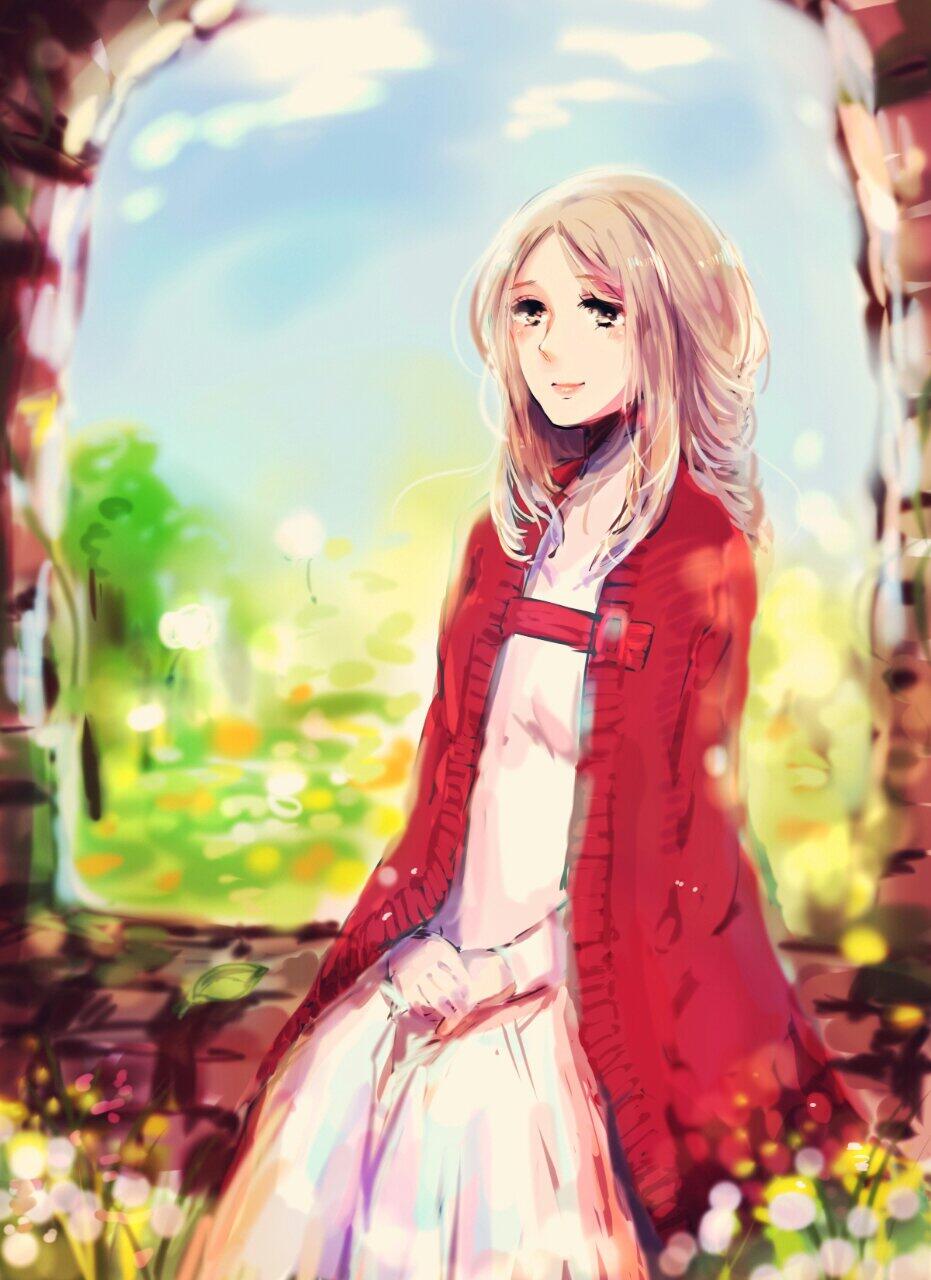 1girl bad_id bad_twitter_id blonde_hair blue_sky braid closed_mouth dress final_fantasy final_fantasy_tactics highres inactive_account long_hair nature nyonyo_suite ovelia_atkascha red_robe robe ruins sitting sky smile solo upper_body white_dress yellow_eyes