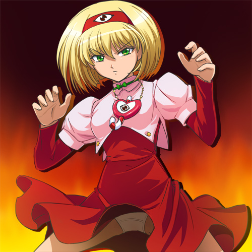 00s 1girl blonde_hair bob_cut dai_mahou_touge dress female_focus fighting_stance green_eyes haruyama_kazunori jewelry lowres necklace panties pantyshot solo tanaka_punie underwear wind wind_lift