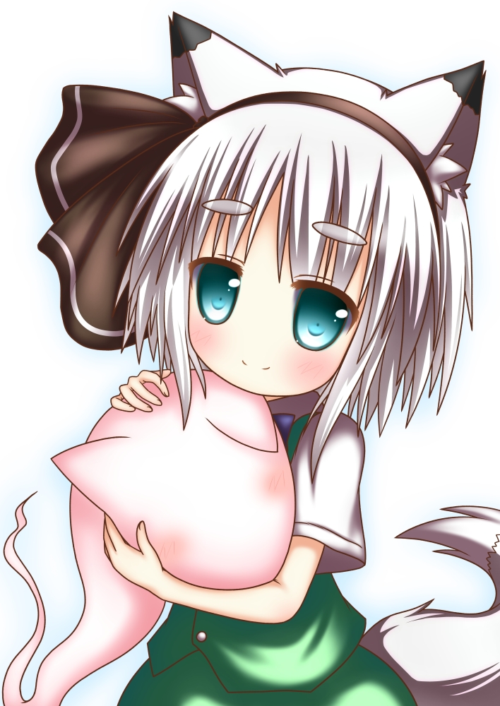 1girl animal_ears blue_eyes blush female_focus fox_ears fox_tail hairband hestia hestia_(neko_itachi) hug konpaku_youmu konpaku_youmu_(ghost) looking_at_viewer self_hug short_hair silver_hair simple_background smile solo tail touhou