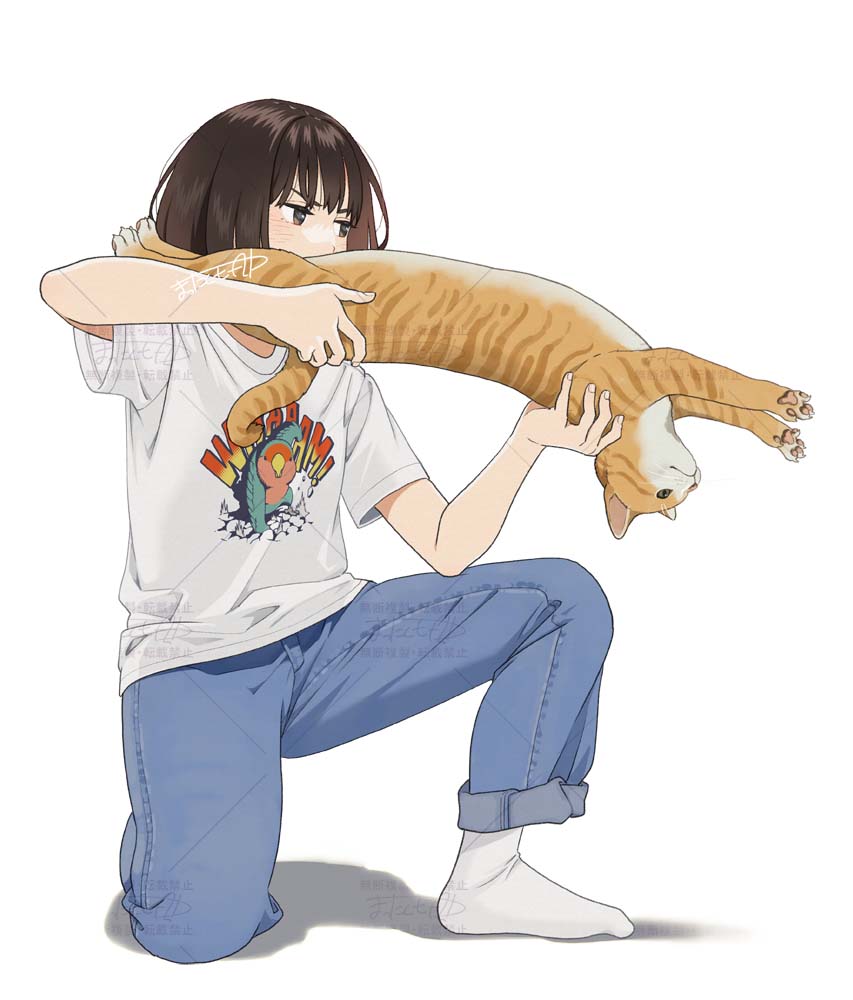 1girl aiming animal blue_pants brown_eyes brown_hair cat commentary_request denim full_body holding holding_animal holding_cat jeans laser_cats_(meme) mattaku_mousuke meme original pants print_shirt shirt simple_background socks t-shirt watermark white_background white_shirt white_socks